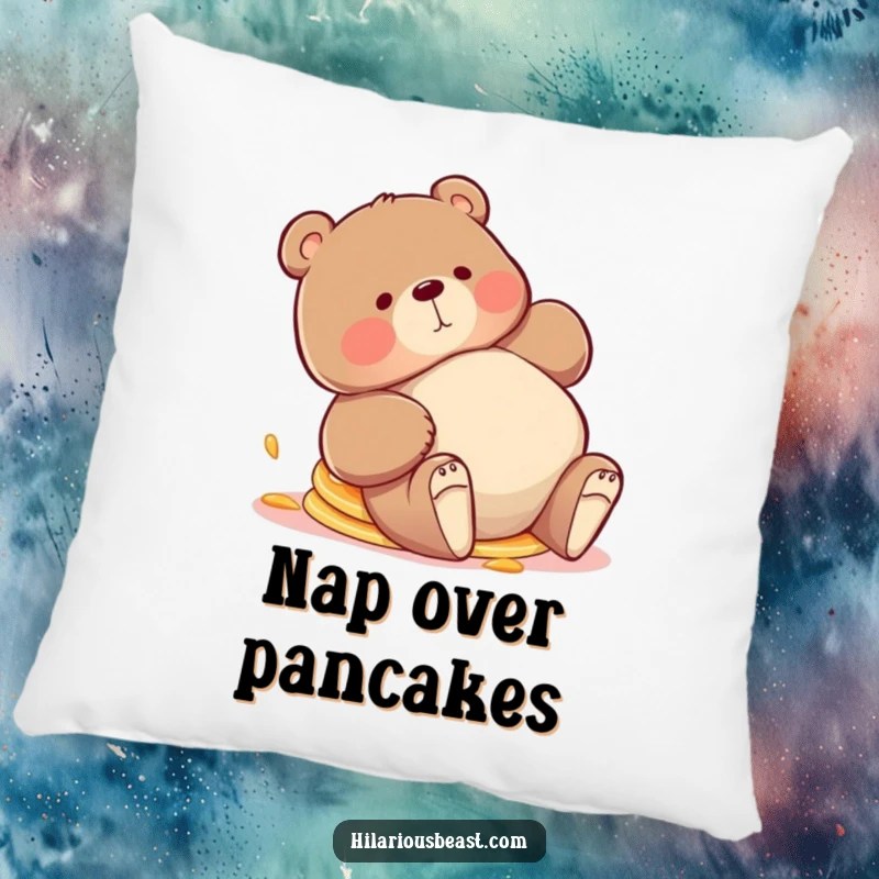 Funny bear pillow, a chubby bear tripping playfully with pancakes askew, soft and inviting for cozy, humorous moments.