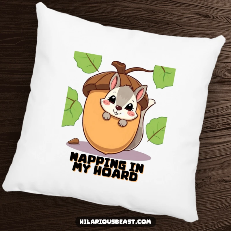 Funny pillow featuring a shy squirrel peeking with a smirk from behind a large acorn, perfect for comfort.