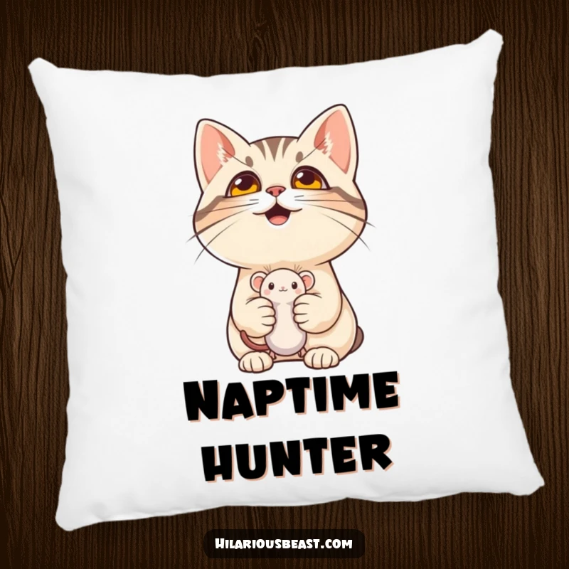 Soft pillow showcasing a funny cat’s mischievous grin holding a mouse toy, ideal for cozy humor and a cute funny gift.