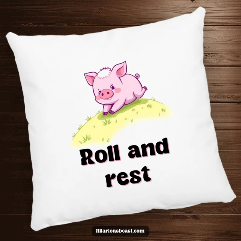 Funny purple piglet pillow, a happy piglet rolling down a grassy hill, offering soft comfort and a touch of playful joy.