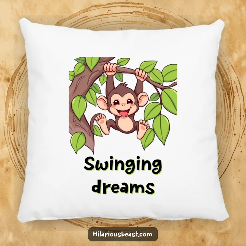 Funny Pillow showcasing a mischievous monkey swinging from a vine with a grin, designed for comfort and giggles.