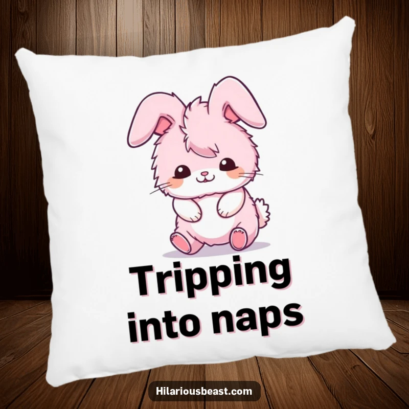 Funny pillow with a fluffy pink bunny comically tripping over its own ears, a soft and funny gift.