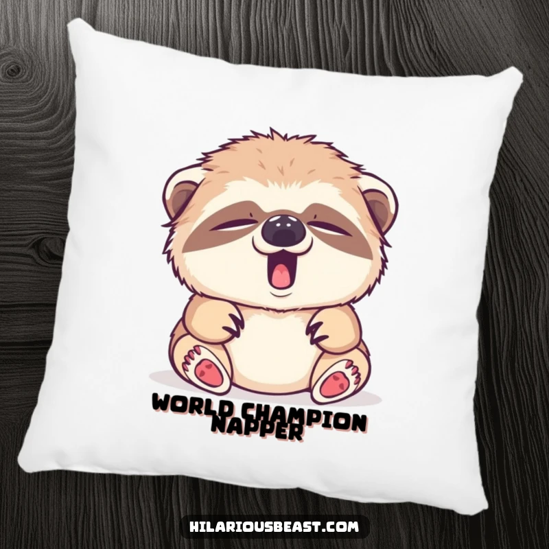 Funny sleepy sloth cub yawning, tiny yawn, soft accent pillow, cuddly comfort.
