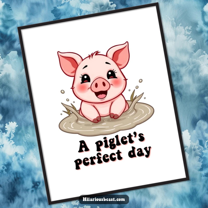 Funny digital art print of a cheerful piglet splashing gleefully in a mud puddle.