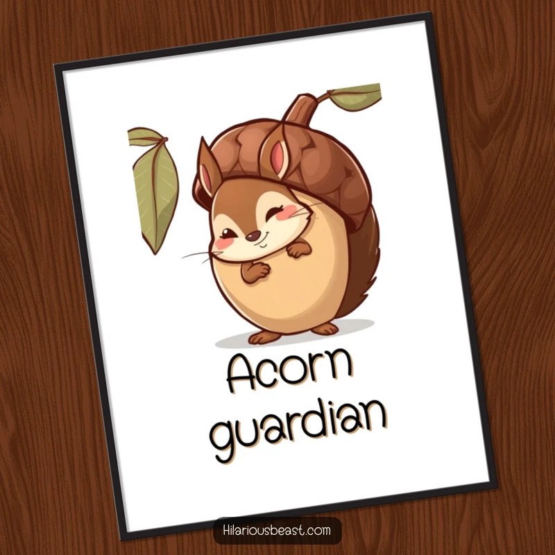 Funny Digital Art of a shy squirrel peeking from behind a giant acorn with a knowing smirk, a printable piece of woodland humor.