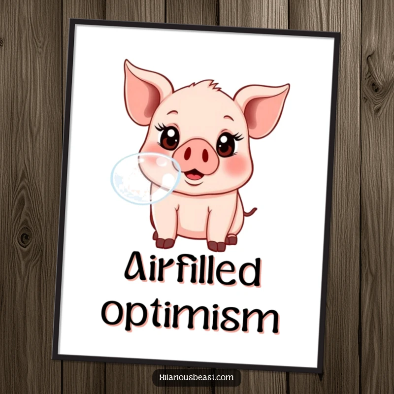 High-resolution digital art print of a funny piglet with huge, happy eyes blowing a spectacular bubble.