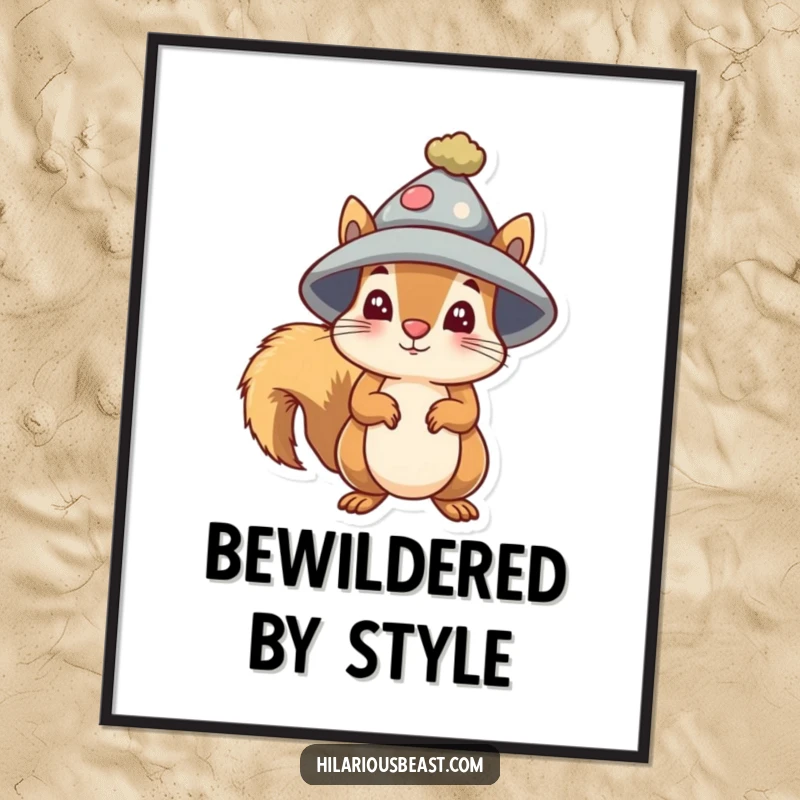 Funny small squirrel digital art print wearing a silly oversized hat, with a bewildered expression.