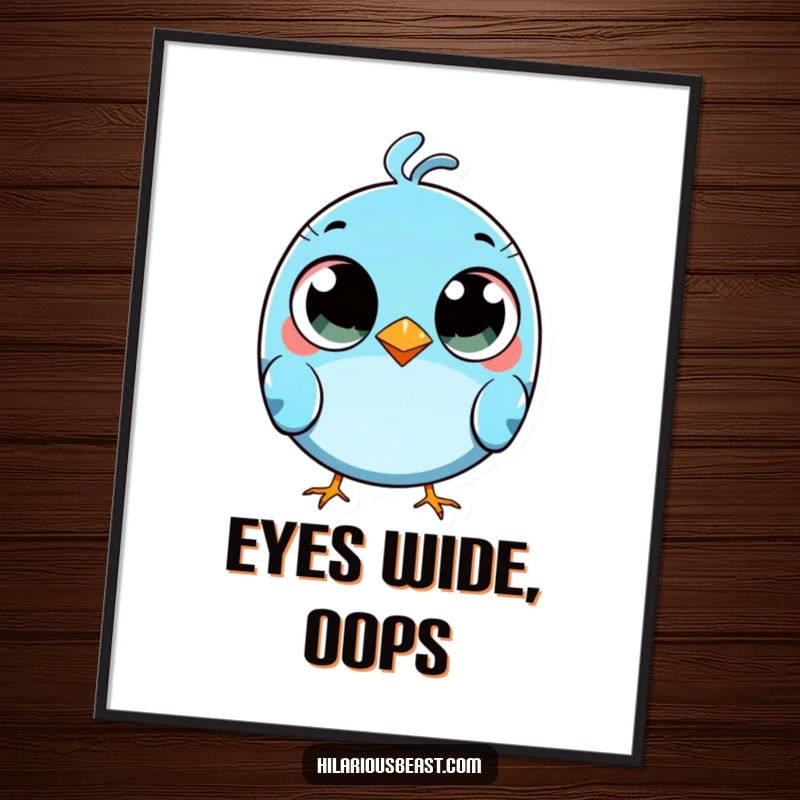 Funny round blue bird digital art print with comically wide eyes, tripping slightly, for instant clumsy amusement.