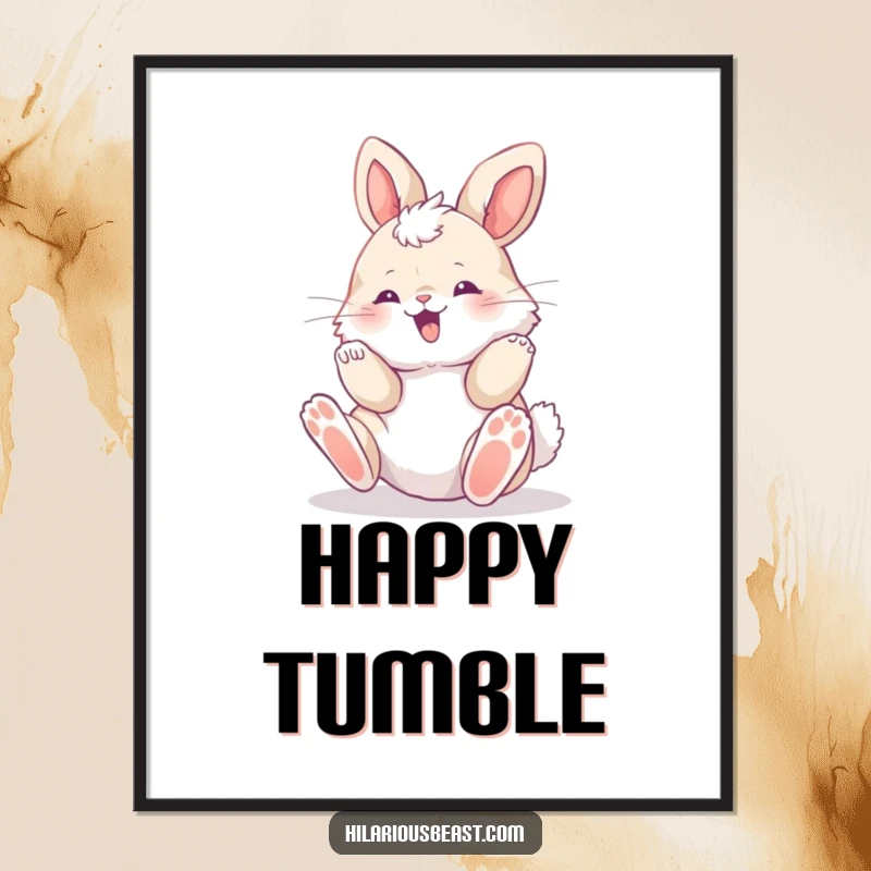 Funny fluffy bunny cub rolling with pure delight, paws in the air, digital art illustration, ready for instant cheerful wall decor.