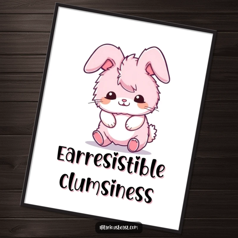 Funny digital art print of a fluffy pink bunny comically tripping over its own ears, an instant funny gift.