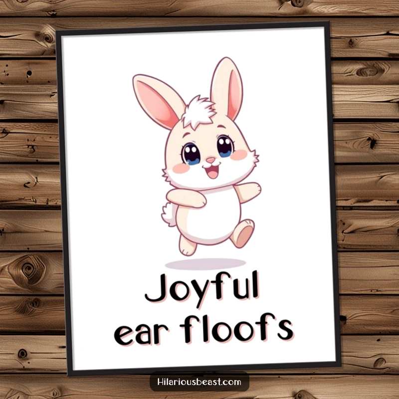 Funny bunny digital art print of a fluffy rabbit hopping with pure joy, eyes wide and ears flopping, radiating happiness.