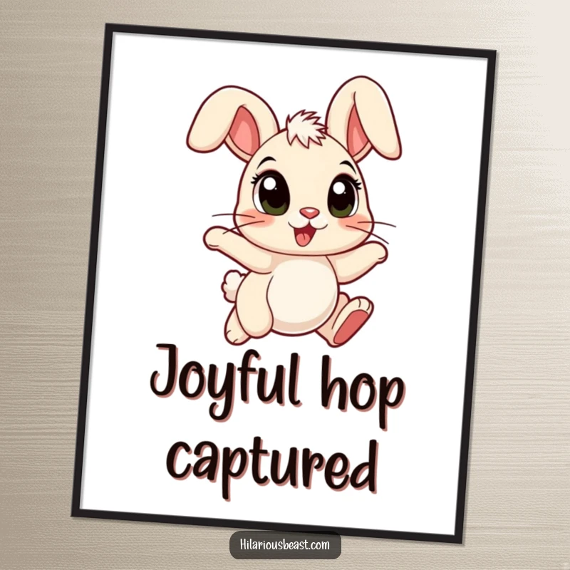 Funny digital art print of a cartoon bunny with large eyes, ears flopped forward, hopping with pure joy.