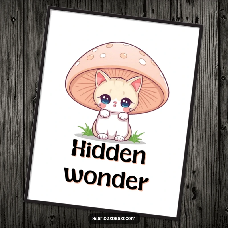 High-resolution digital art print of a funny cat with twinkling eyes peeking from behind a giant mushroom, perfect for whimsical decor and a funny gift.