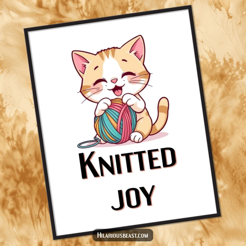 High-resolution digital art print of a funny cat joyfully playing with colorful yarn, perfect for humorous decor and a funny gift.