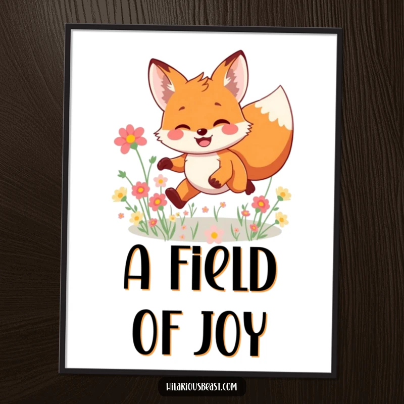 Funny smiling fox digital art print, a character leaping joyfully through a field of flowers, perfect for instant download and adding playful, humorous charm.