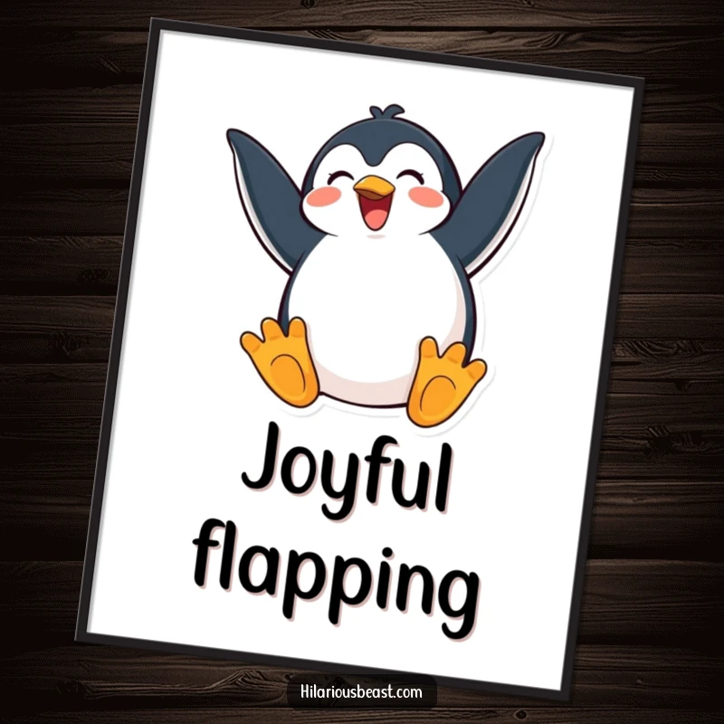 Funny digital art print of a happy penguin flapping its wings with exaggerated excitement, radiating pure joy and energy.