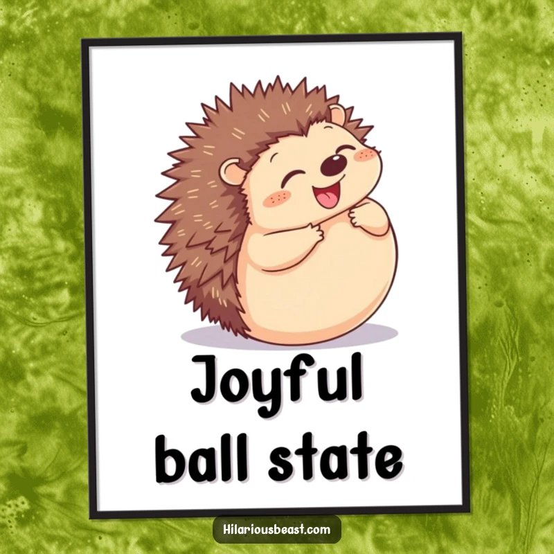 Funny Hedgehog Digital Art Print: a cheerful illustration of a plump hedgehog grinning as it rolls into a ball.