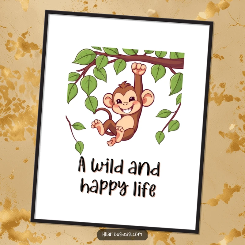 Funny digital art print of a mischievous monkey swinging from a vine with a grin.