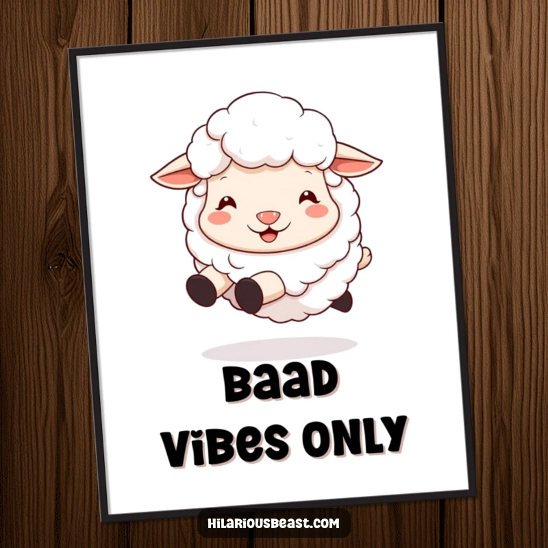 Funny sheep digital art print of a fluffy sheep with a silly grin, energetically bouncing with pure happiness.