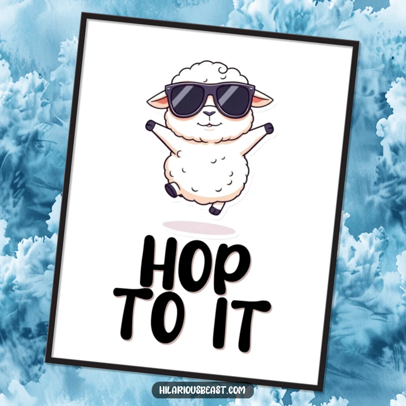 Funny fluffy sheep digital art print of a sheep wearing oversized sunglasses, doing a silly hop, ready to bring cool smiles to viewers.