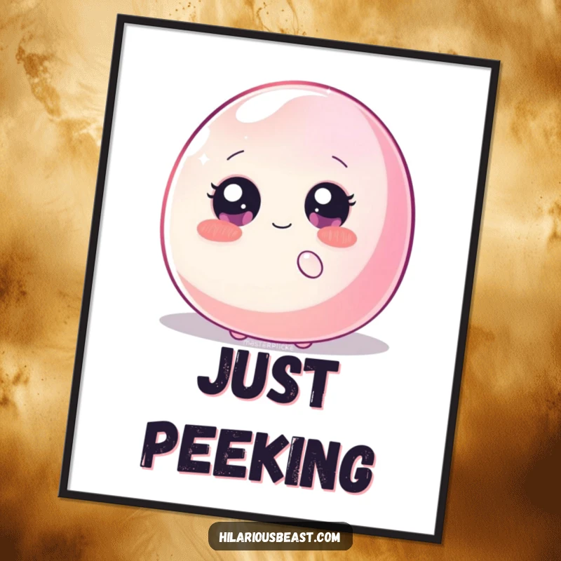 Funny digital art print of a shy blob with large, sparkly eyes peeking from behind a giant, wiggling jellybean, ready for instant humorous display.