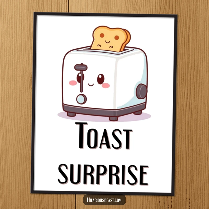 Funny digital art print of a square toaster with a happy expression, joyfully popping toast upwards with a spring, ready for instant humor.