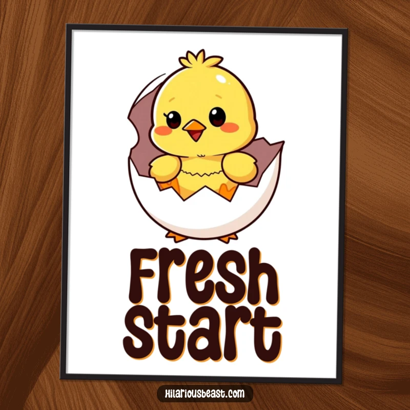 Funny yellow chick hatching from an egg, looking surprised and happy, ready to be printed as humorous digital art.