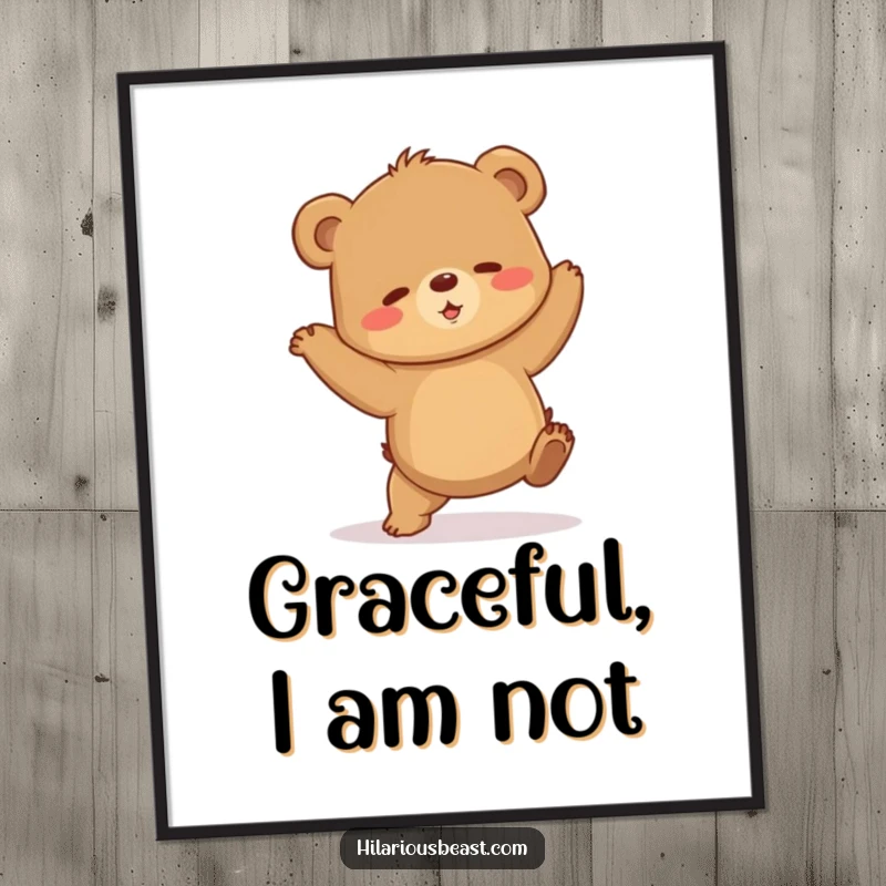 Funny brown bear cub digital art print in a shaky dance pose, perfect for adding a splash of clumsy, humorous art to any digital display.