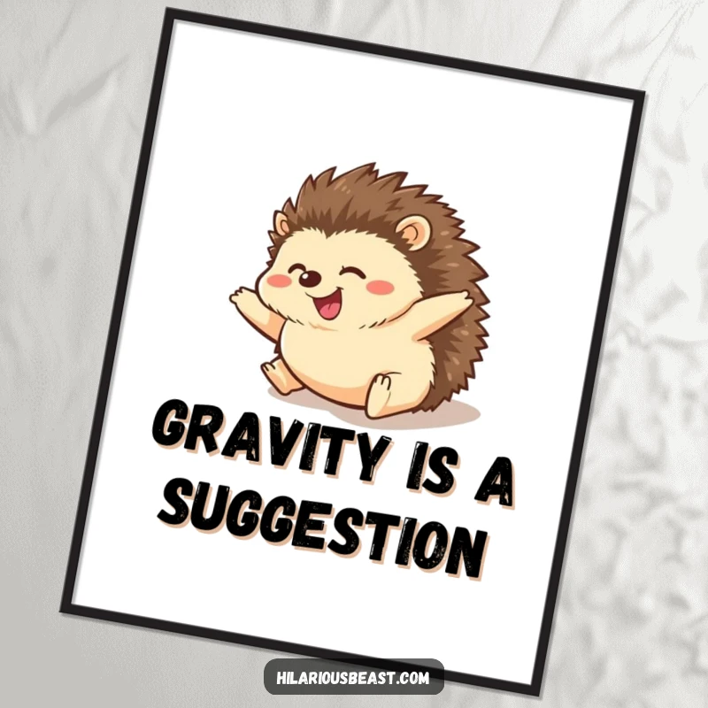 Funny hedgehog digital art print of a chubby hedgehog in a comical roll downhill with paws spread wide, bringing animated joy to your space.