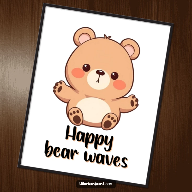 Funny round bear digital art print, a character with tiny paws waving enthusiastically, perfect for instant download and adding friendly, humorous charm.