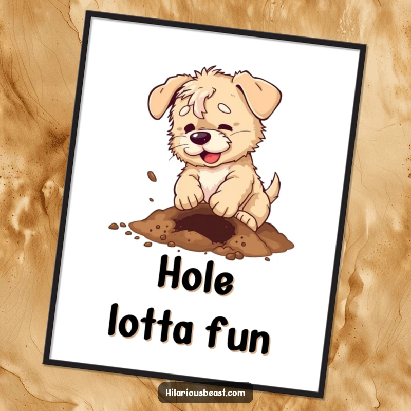 Funny scruffy puppy digital art print of a dog digging a hole with dirt flying, instant humorous decor.