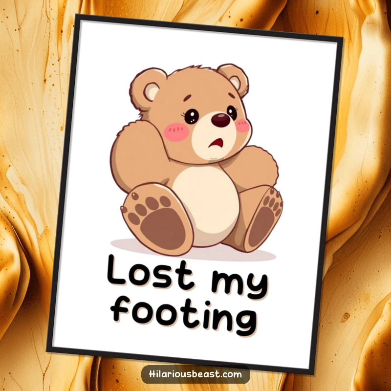 Funny small bear cub tripping over its paws, looking bewildered, digital art illustration, ready for instant charming wall decor.