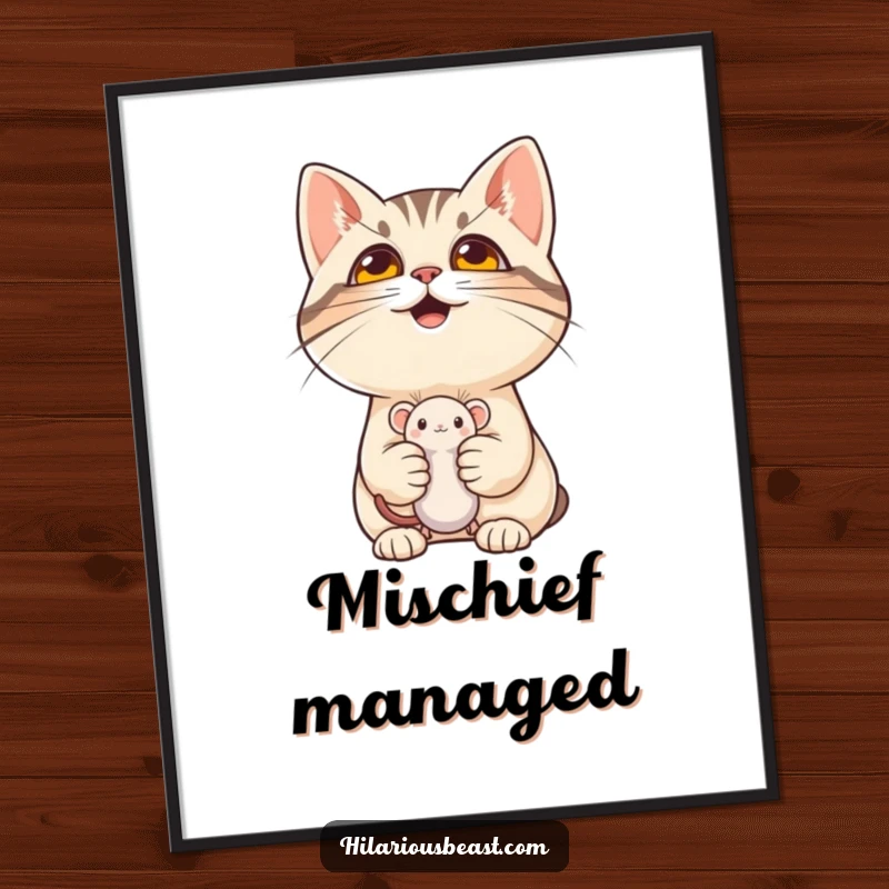 High-resolution digital art print of a funny cat with a mischievous grin holding a tiny mouse toy, perfect for humorous decor and a funny gift.