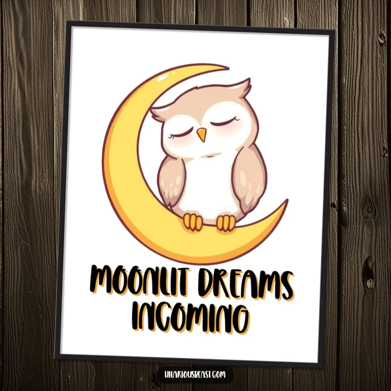 Funny digital art print of a sleepy owl character dozing on a crescent moon, ideal for wall decor.