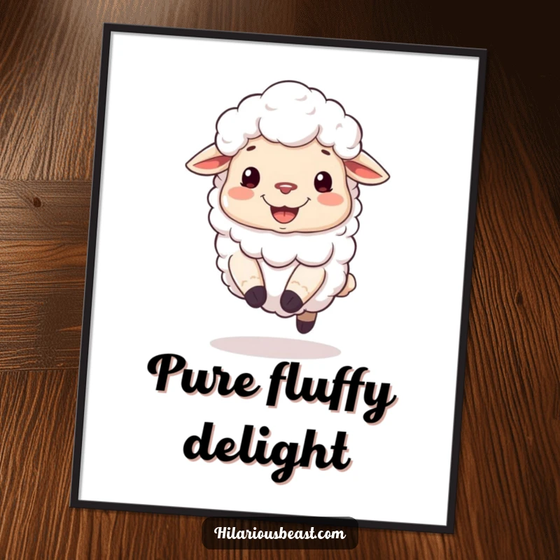 Funny digital art print of a fluffy sheep with a silly grin, joyfully bouncing on its hooves.