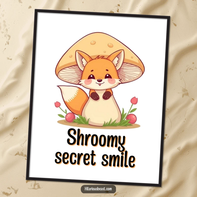 Funny fox digital art print of a giggling fox peeking from behind a wobbly mushroom, evoking woodland charm and humor.