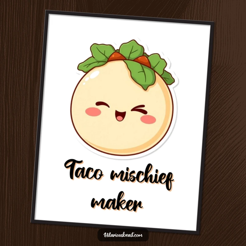 Funny digital art print of a happy, round taco character winking mischievously, ideal for instant downloadable humor.