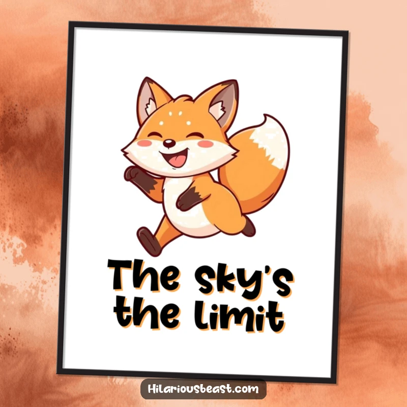 Funny kawaii fox digital art print of a grinning fox leaping mid-air with a wagging tail, adding animated joy and energy to digital decor.