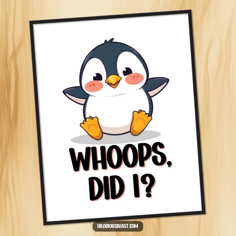 Funny penguin digital art print of a clumsy penguin tripping with a surprised expression, embodying humorous mishap.