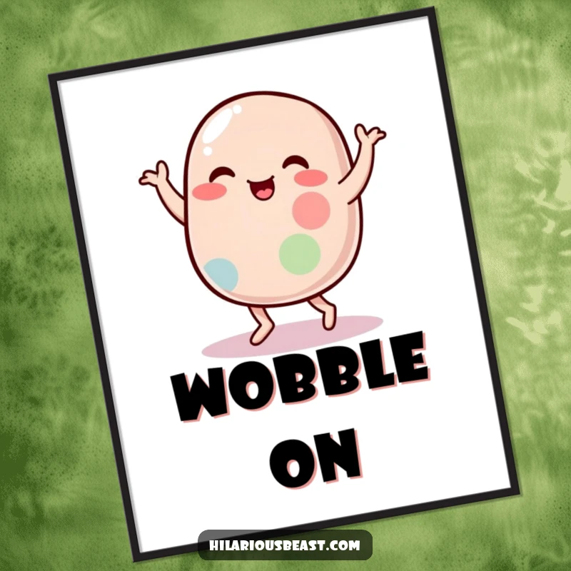 Funny digital art print of a plump, wobbly jelly bean character doing a silly dance, ideal for instant downloadable humor.