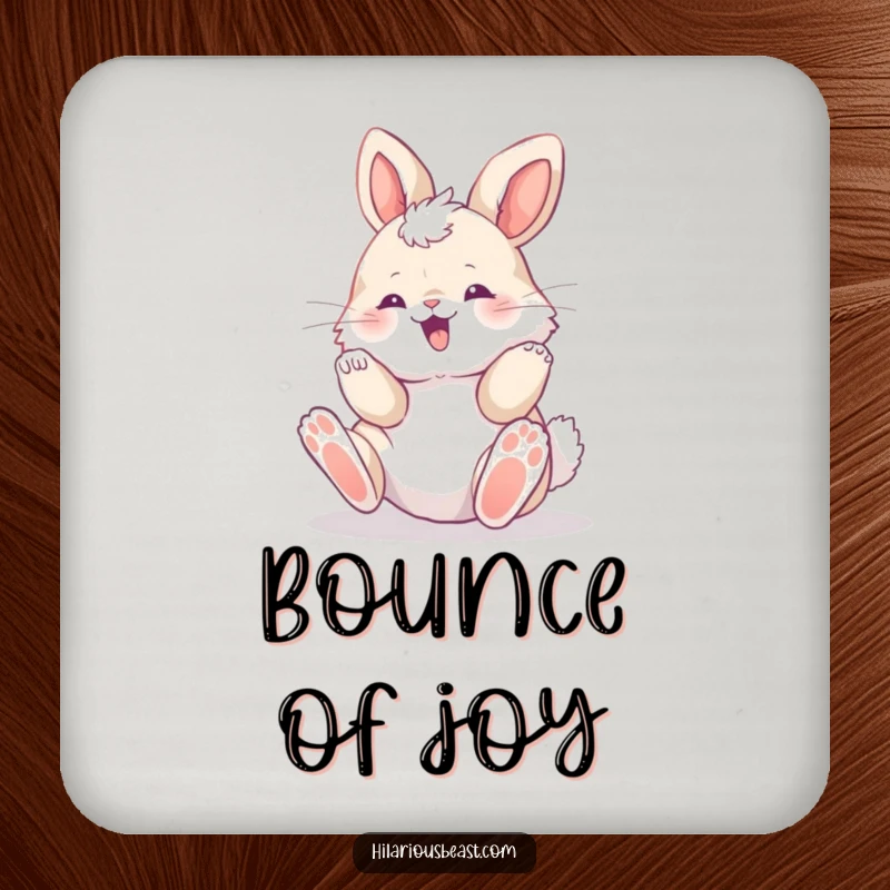 Funny fluffy bunny cub rolling with pure delight, paws in the air, set of drink coasters, adding playful art to protect furniture.