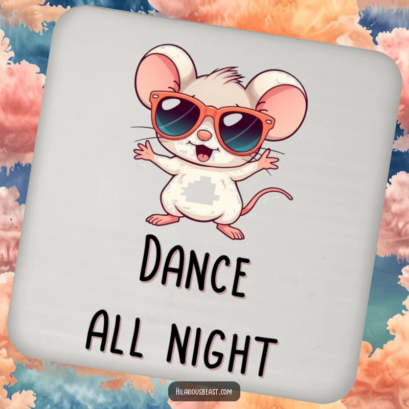 Funny drink coaster featuring a tiny mouse in oversized sunglasses, striking a classic disco pose, protecting tables with style.