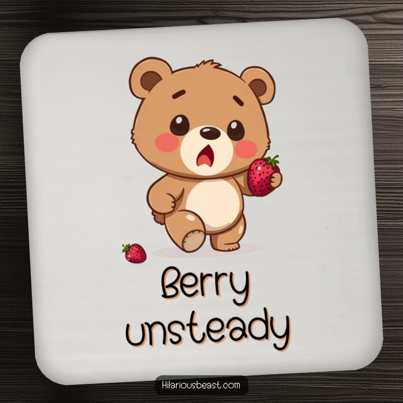 Funny brown bear cub coaster, a surprised cub stumbling with a berry balanced, protecting surfaces with adorable, clumsy charm.
