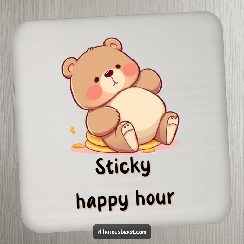 Funny bear coaster, a chubby bear tripping playfully with pancakes askew, adding a touch of breakfast humor to any setting.