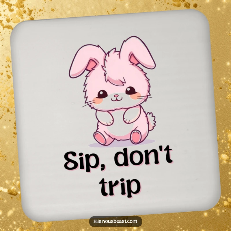 Funny drink coaster featuring a fluffy pink bunny comically tripping over its own ears, a delightful funny gift.