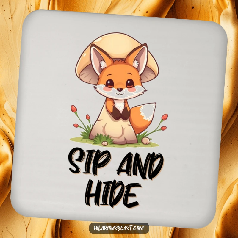 Funny mischievous fox cub peeking from behind a mushroom, set of drink coasters, adding playful art to protect surfaces.