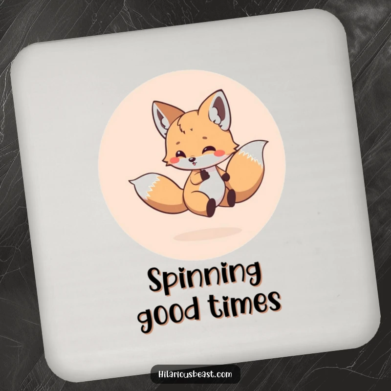 Funny coaster set with a small, round fox cub energetically chasing its tail in a circle, protecting surfaces with playful humor.