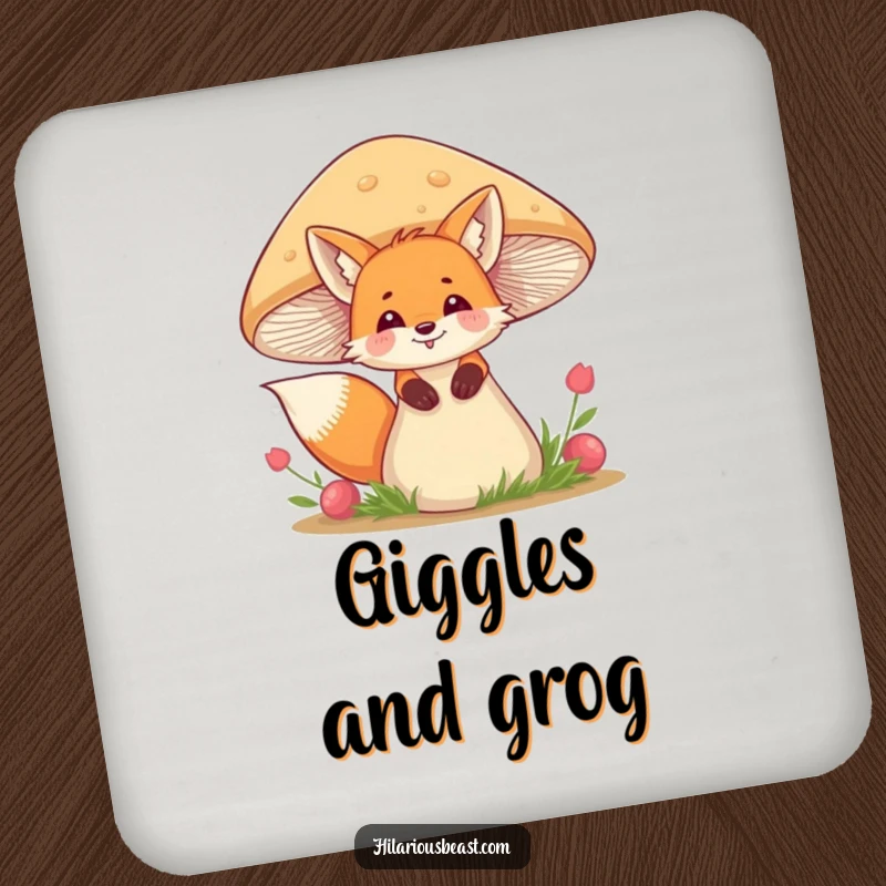 Funny fox drink coaster depicting a giggling fox peeking from behind a wobbly mushroom, adding whimsical protection.
