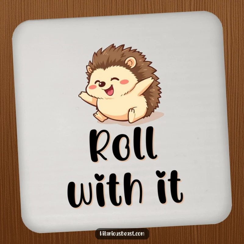 Funny hedgehog drink coaster illustrating a chubby hedgehog rolling downhill with paws spread, adding a humorous touch to drink protection.