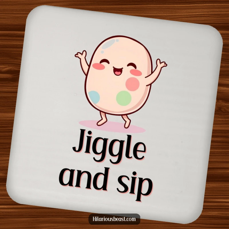 Funny drink coaster featuring a plump, wobbly jelly bean character in a hilarious silly dance, protecting surfaces with humor.
